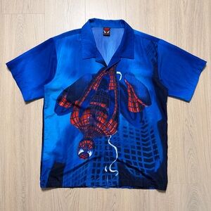 Vintage Spiderman Short Sleeve Buttonup Collared Shirt Mens Medium Blue Red Y2K